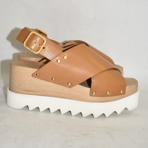 $850 STELLA MCCARTNEY PERCY PLATFORM CRISS CROSS LEATHER SANDAL CAMEL 37 (DB23) - Picture 2 of 8